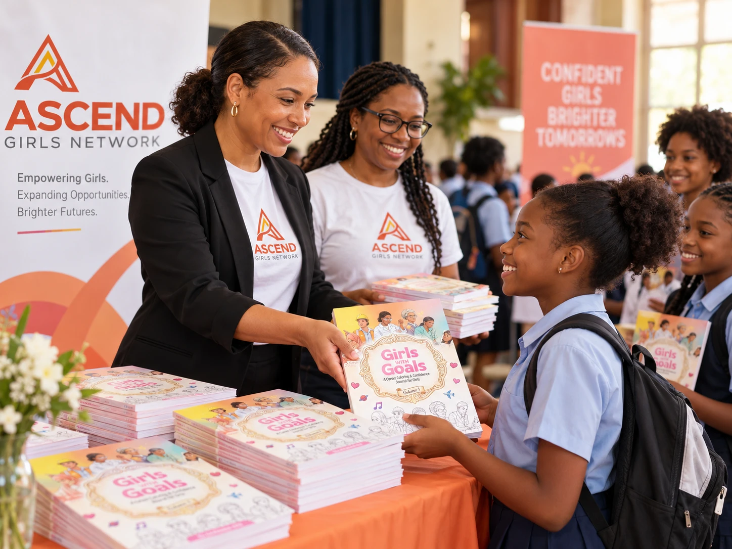 Volunteers handing journals to schoolgirls