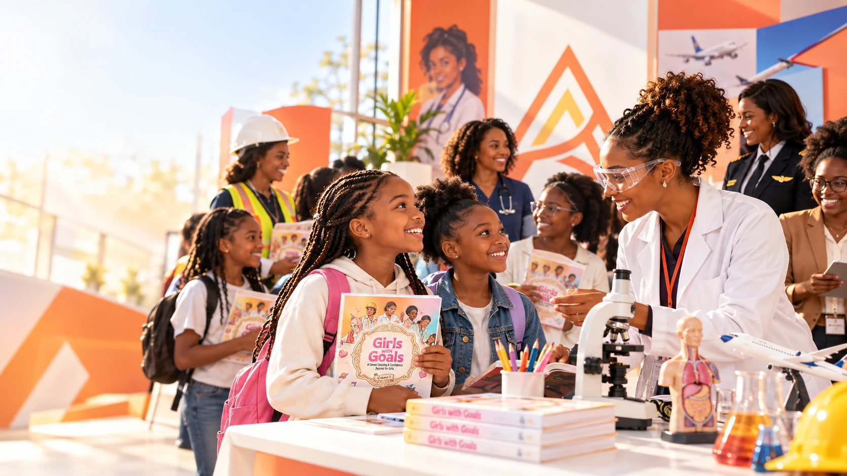 Girls with their journals at a career expo table with a scientist