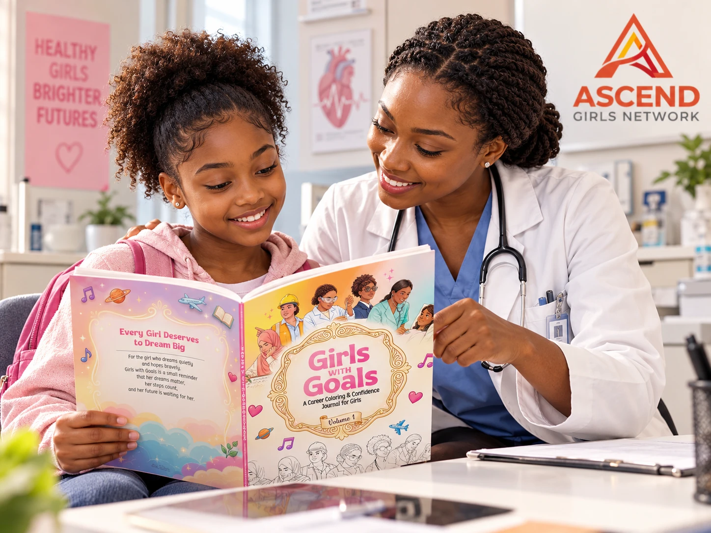 A doctor reading the journal with a girl