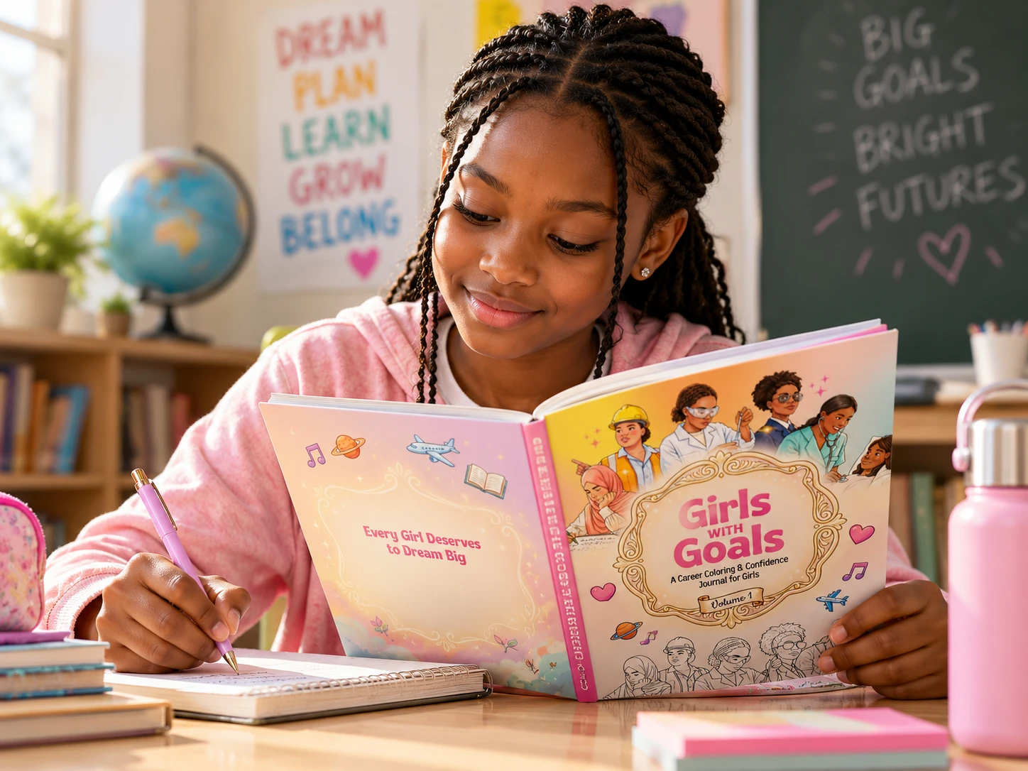 A girl writing her goals beside her journal