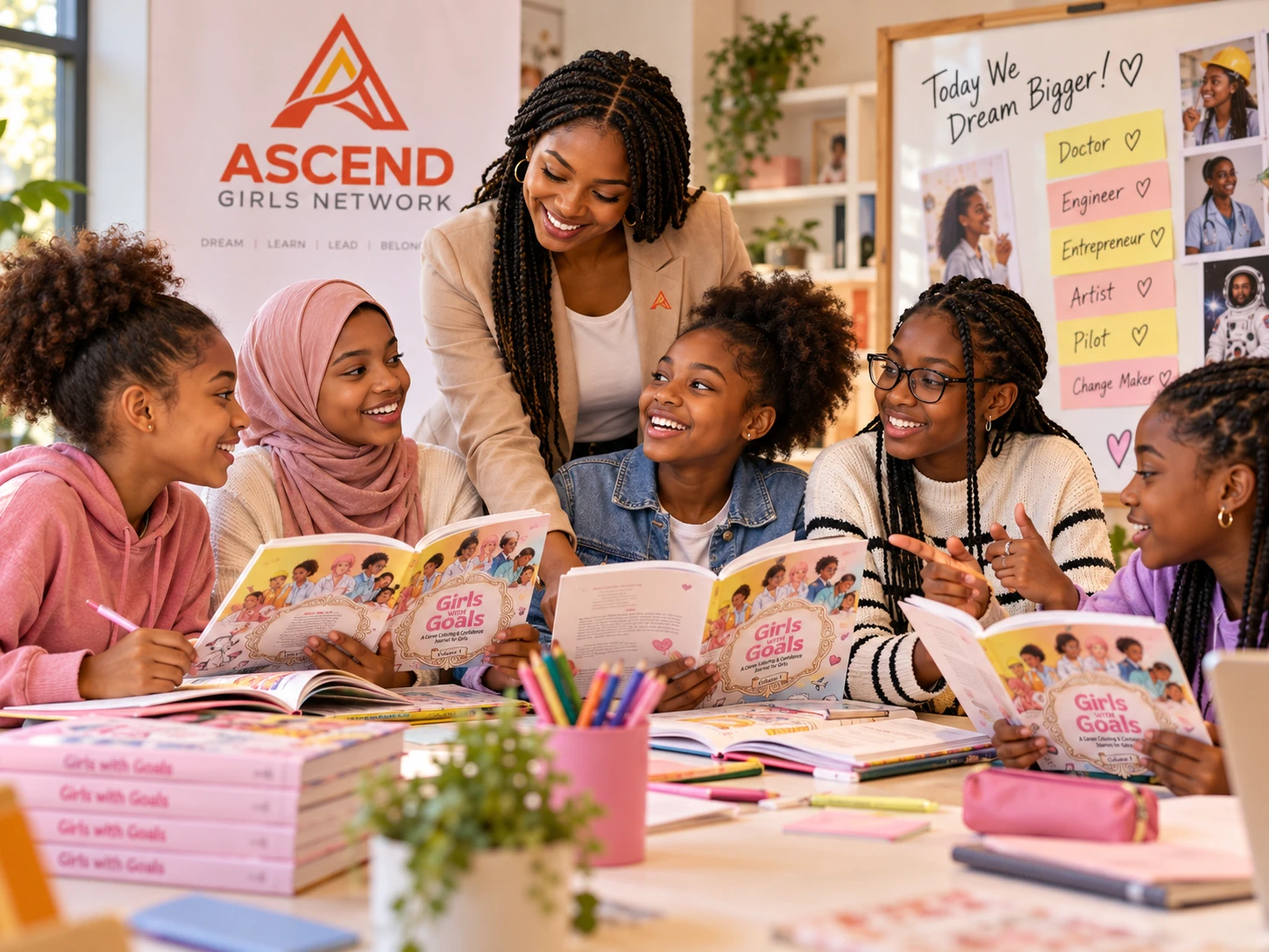 A mentor with a group of girls reading their journals