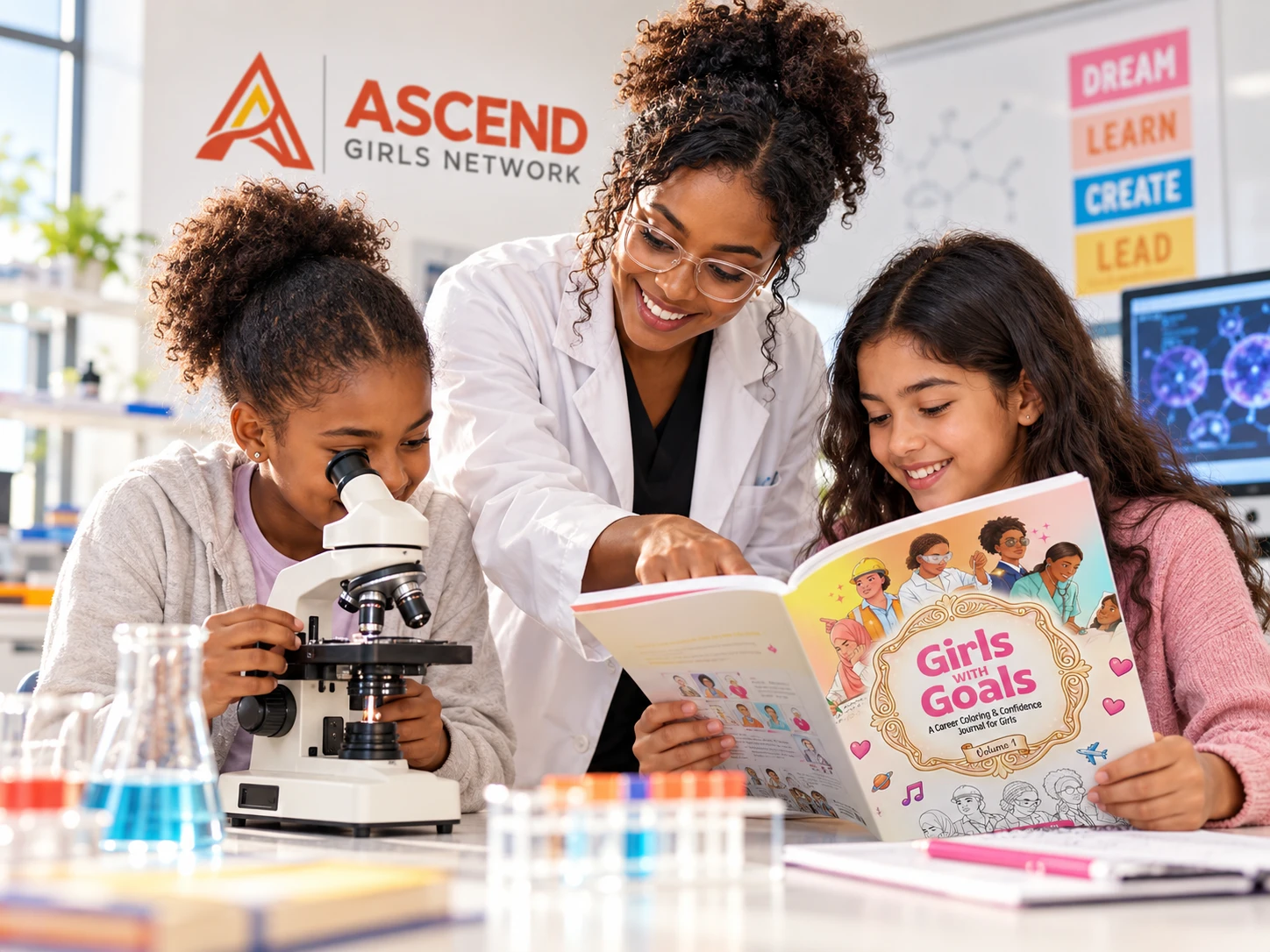 A scientist guiding two girls at a microscope